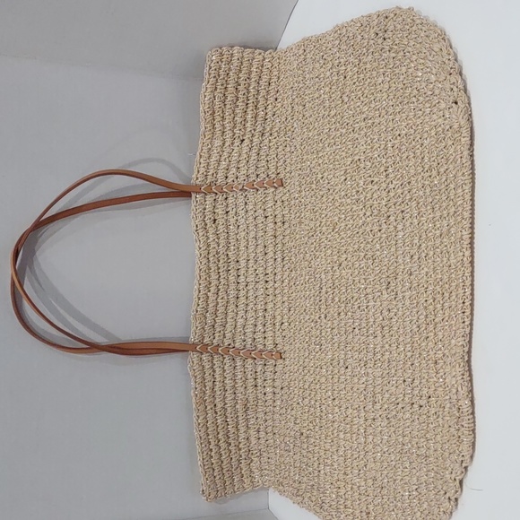 NWOT Merona Straw Packable Shoulder Bag w/Silver & Leather Straps Beach/Travel - Picture 2 of 9